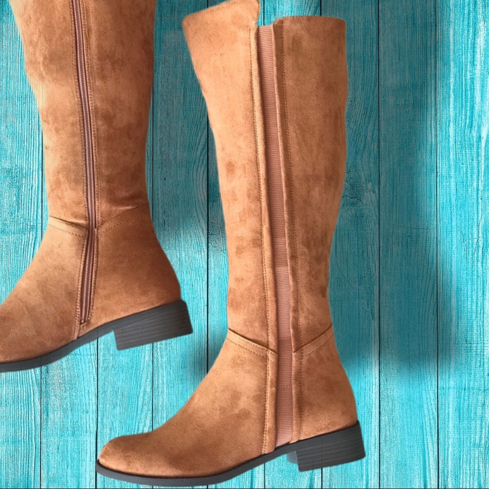 TRIXI Tan Suede Knee High Stacked Heel Riding Boot - Picture 3 of 8